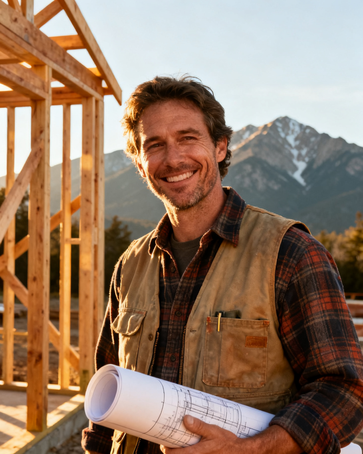 Dane Westfall holding blueprints in front of a timber frame and mountains