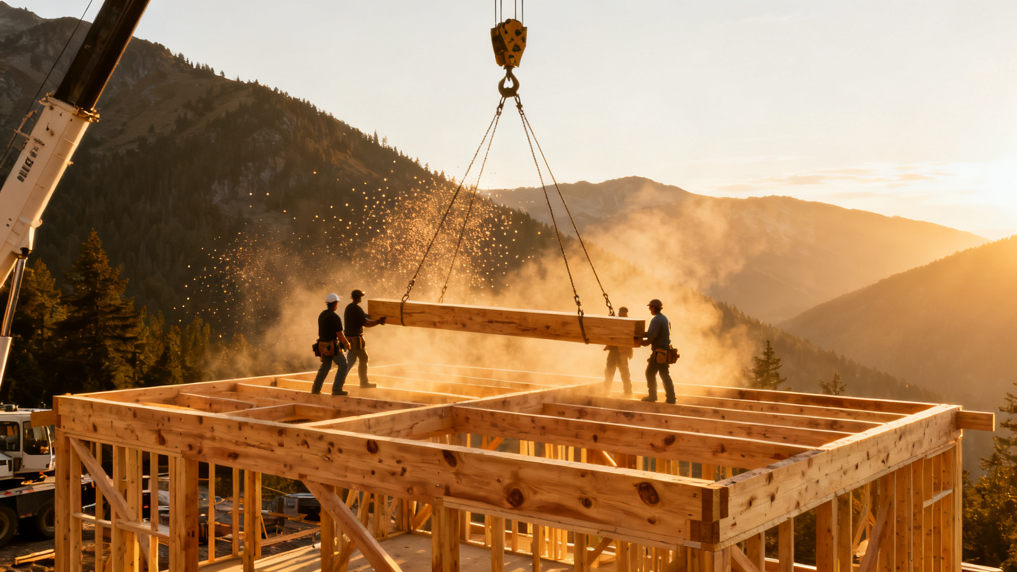 A massive timber frame being raised on a mountain building site