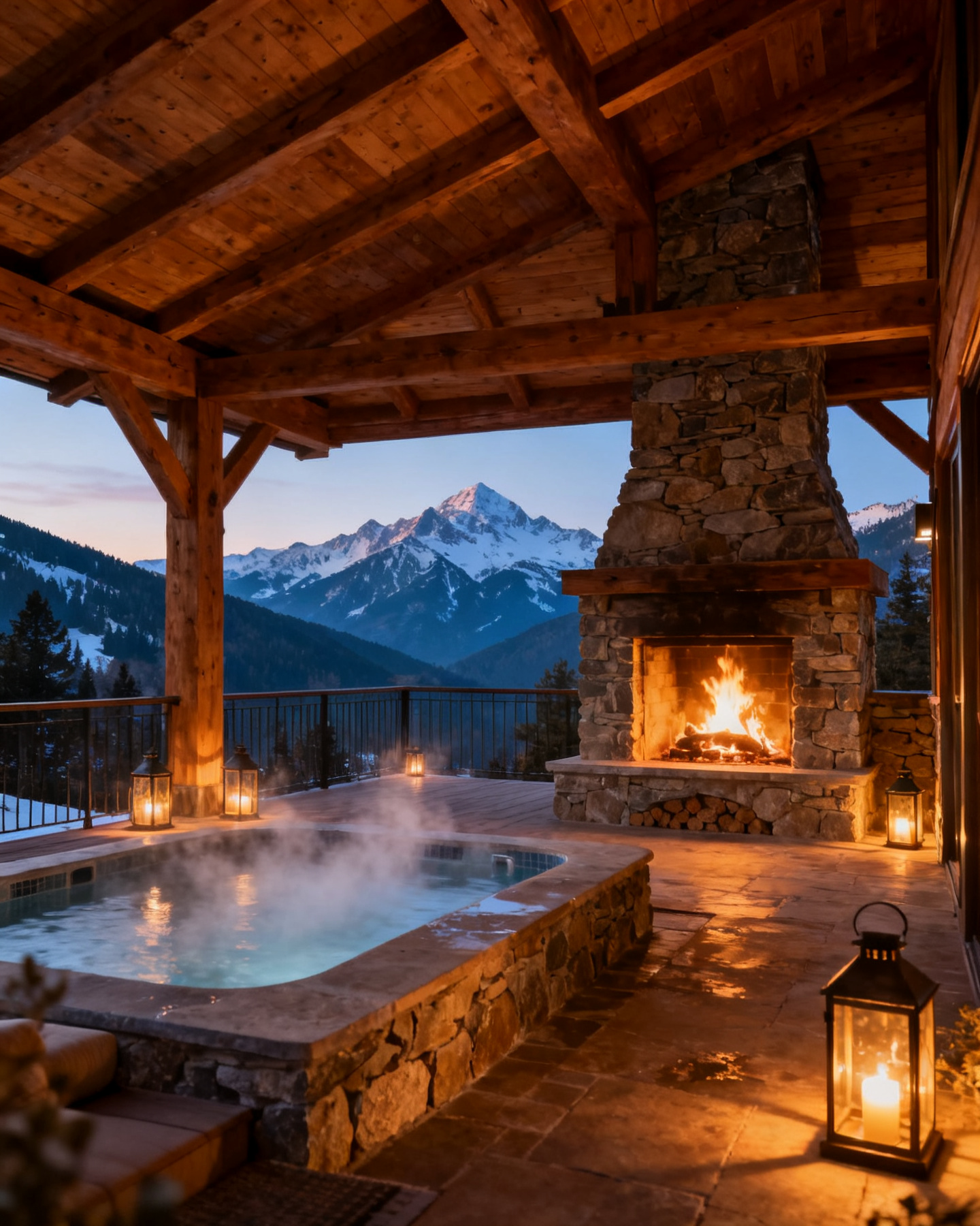 Covered outdoor living terrace with a stone fireplace and mountain view at dusk