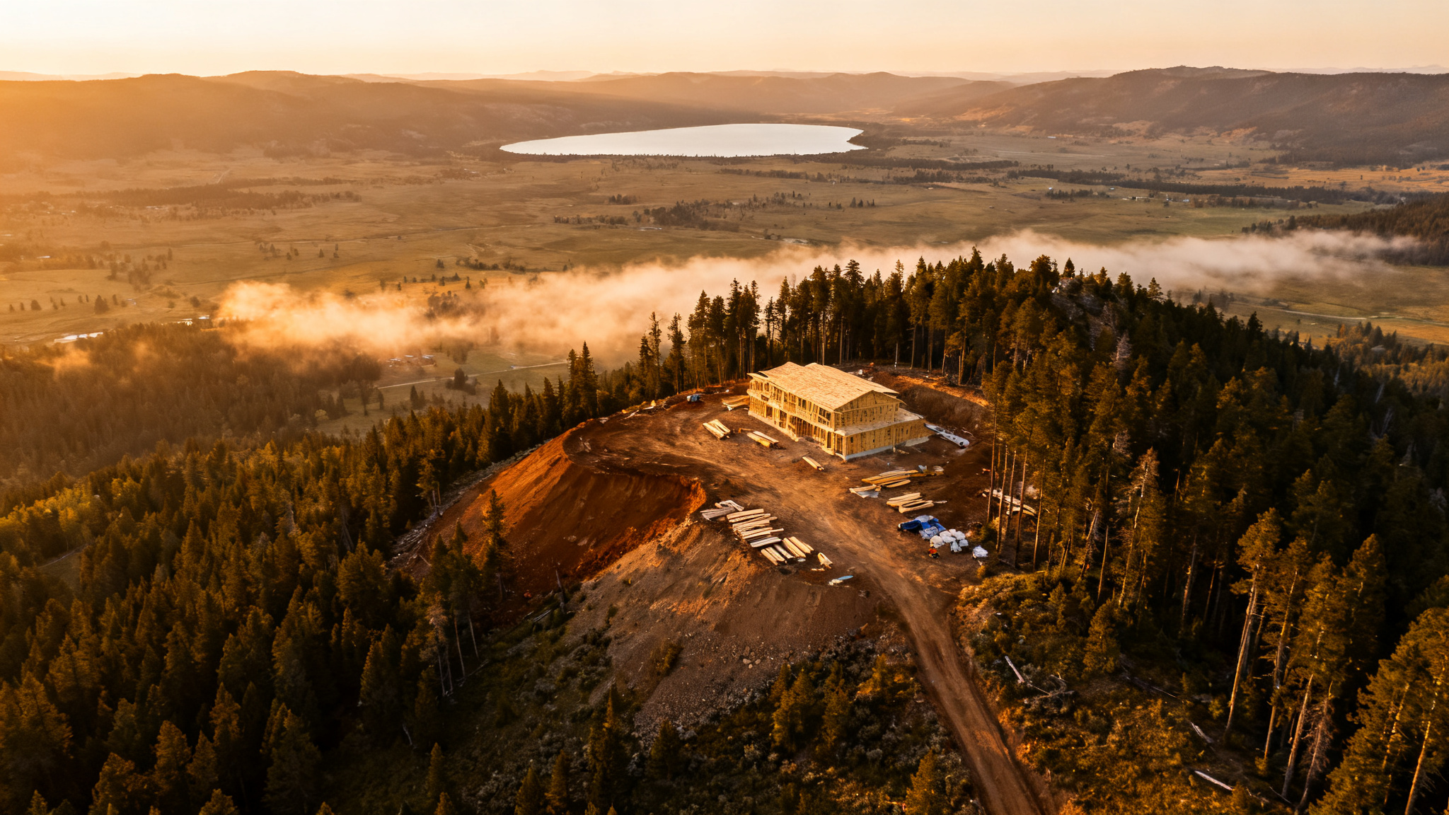 Forested ridgeline building site above the Flathead Valley at golden hour